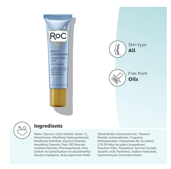 RoC Multi Correxion 5 in 1 Anti-Aging Eye Cream for Puffiness, Under Eye Bags & Dark Circles, Skin Care Treatment with Shea Butter, 0.5 Ounces (Packaging May Vary) 24Hr Smart